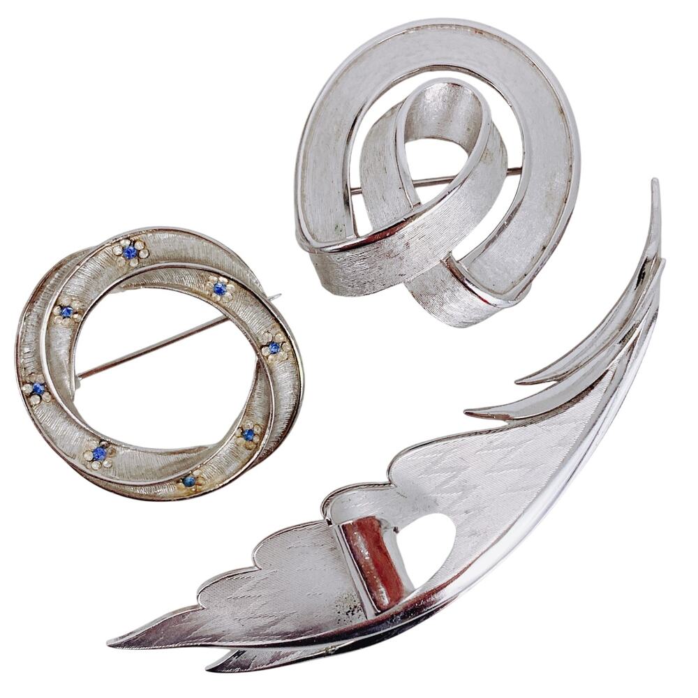 VTG Signed Trifari Coro BSK Silver Tone Brooch Lot Mid Century Rhinestone PinSet